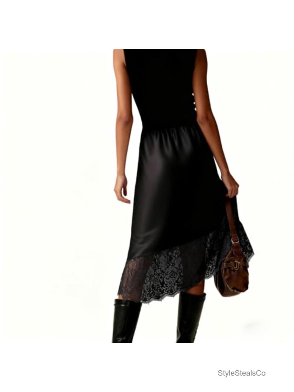 Satin Lace Long Maxi Skirt High Waist A Line Half Slip - Picture 5 of 5